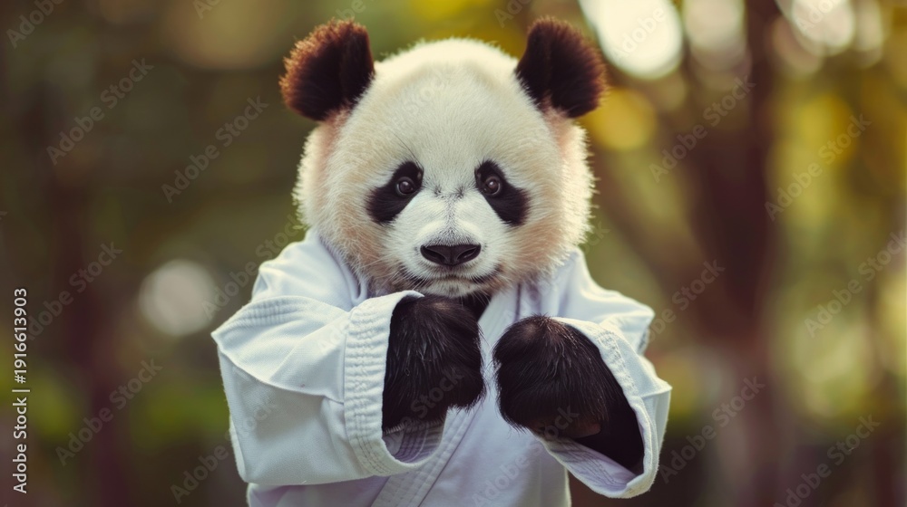 Fototapeta premium A cute panda in a kimono with a fighting spirit embodies an unusual combination of tenderness and strength, creating an original background for creative projects or children's illustrations.