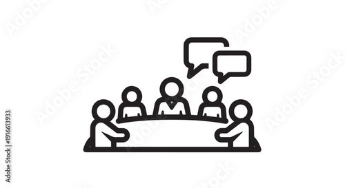 Simple black and white icon illustrating a group discussion or meeting around a large table with speech bubbles.