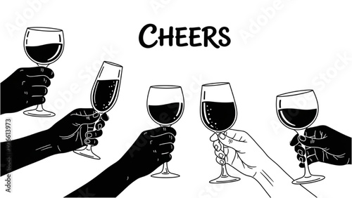 Diverse hands holding wine glasses in a toast together
