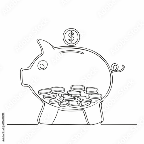 Continuous single line, financial illustration, piggy bank with coins inside. with transparent background editable stroke.