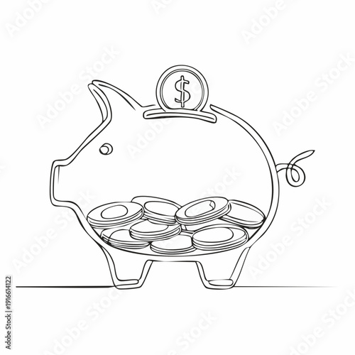 Continuous single line, financial illustration, piggy bank with coins inside. with transparent background editable stroke.