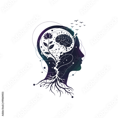 A vector illustration of a black silhouette profile of a woman’s head featuring floral hair and a gear symbol to represent a beautiful fashion concept of the human mind and lady icon