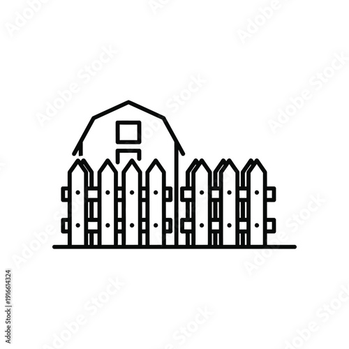 A rustic barn standing behind a simple picket fence in a minimalist black and white illustration
