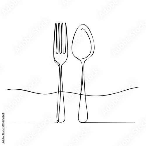 One continuous line, spoon and fork, dining table line art vector illustration with transparent background editable stroke.