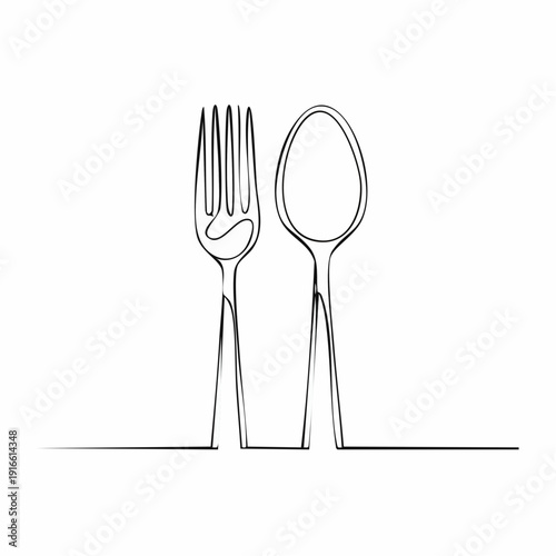 One continuous line, spoon and fork, dining table line art vector illustration with transparent background editable stroke.