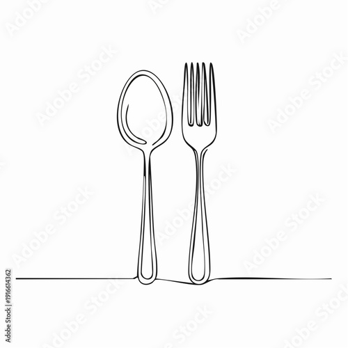 One continuous line, spoon and fork, dining table line art vector illustration with transparent background editable stroke.