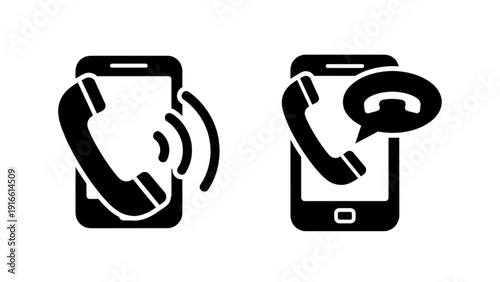 Mobile phones with ringing and active phone calls on a clean background