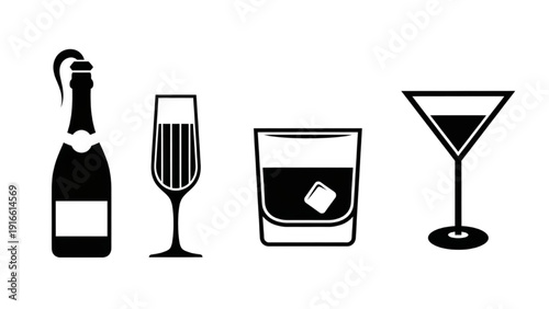 A collection of elegant drinking glasses and a wine bottle on a clean white background