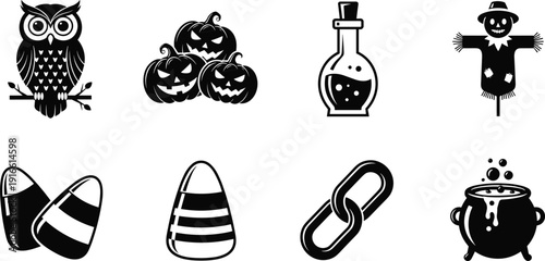Halloween icon silhouette illustration set, eight black white symbols owl pumpkin candy corn cauldron potion scarecrow chain design, vector artwork, seasonal and festive theme, isolated background