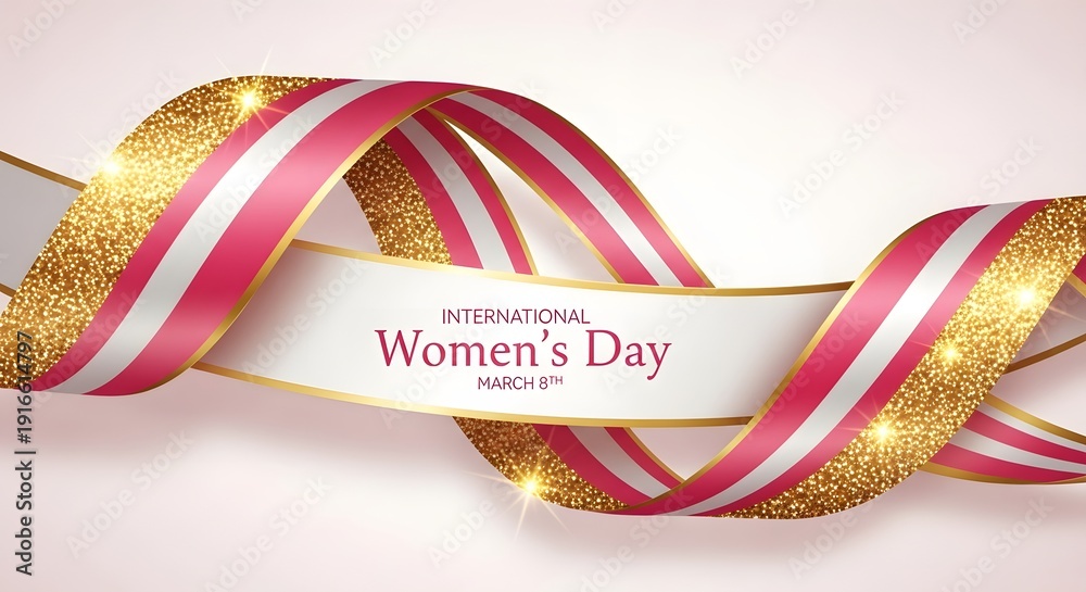 Naklejka premium International Women's Day gold pink ribbon banner celebration decoration festive elegant sparkle