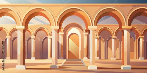 Ancient architecture with stunning arches and columns in warm sunlight detail vector illustration 