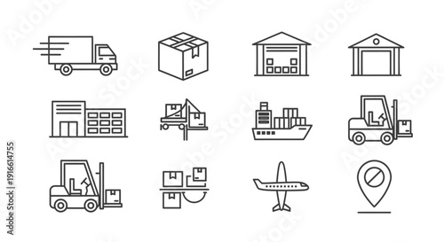 Logistics Transportation Delivery Shipping Outline Icon Set Isolated White Background