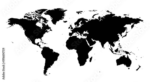 Simplified Black Silhouette World Map isolated white background