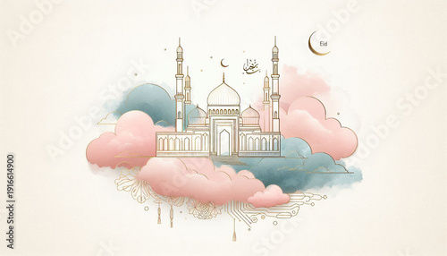 Simple Mosque Outline Illustration with Soft Watercolor Eid Mubarak Greeting Card