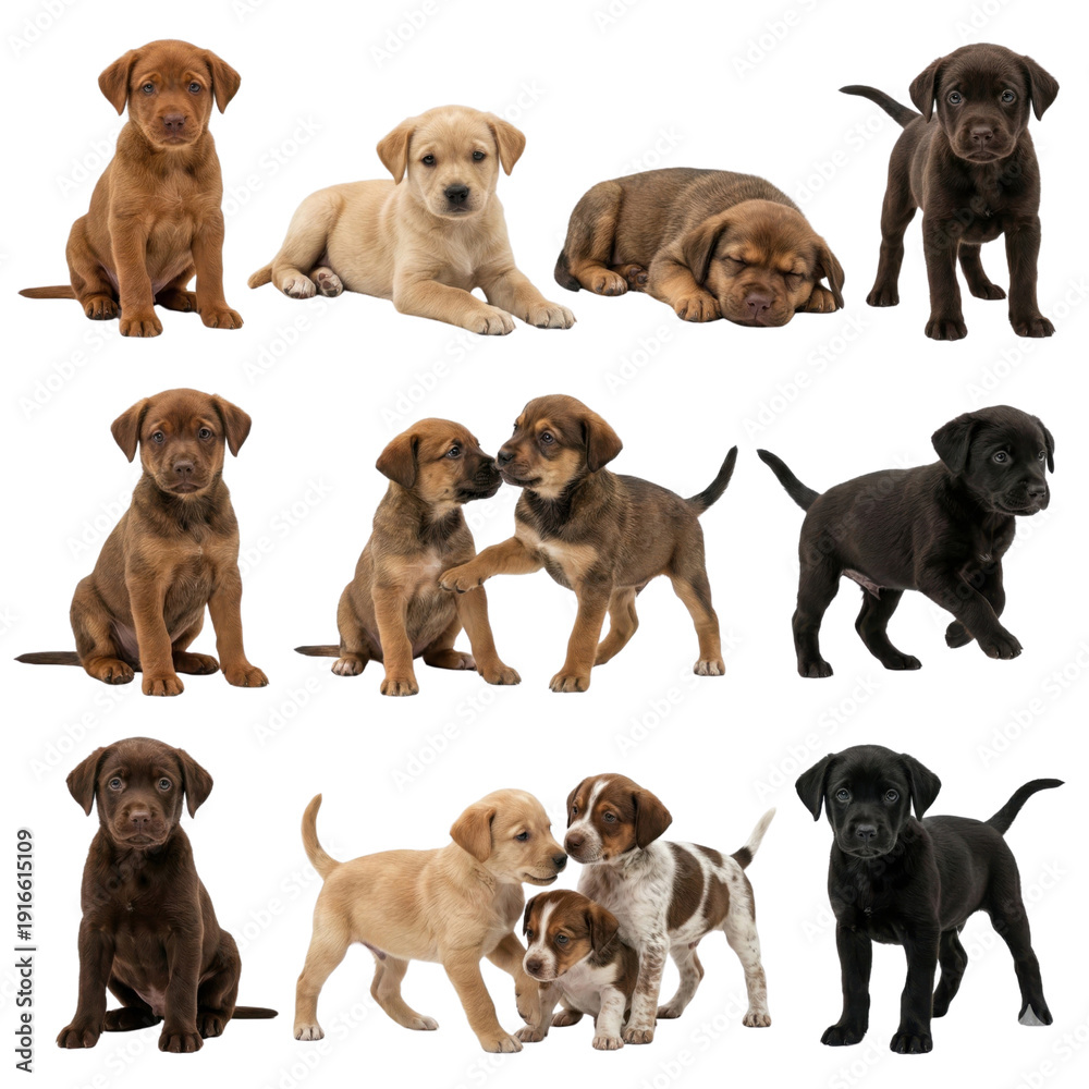 Fototapeta premium 可愛い子犬のコレクション, 白背景に孤立した様々な犬種の12匹の子犬セット, ラブラドールやレトリバーのミックス犬のポーズ集, ペットショップや動物病院の広告用素材