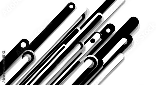Abstract background with black and white parallel diagonal lines and geometric shapes, modern design element, isolated white background.