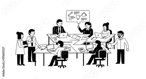 Business team collaborating in a corporate meeting, presenting ideas in an office conference room, isolated white background.