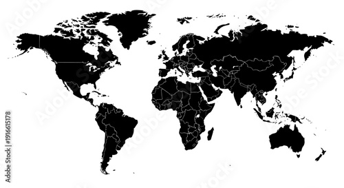 Solid Black Silhouette World Map for Global Business and Travel Concepts on isolated white background.