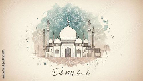 Minimal Islamic Mosque Line Art with Watercolor Wash Eid Mubarak Card Design