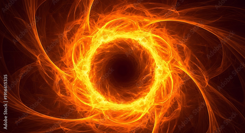 Fototapeta premium abstract fiery vortex portal orange and yellow energy swirling into a dark void representing cosmic power and mystery.