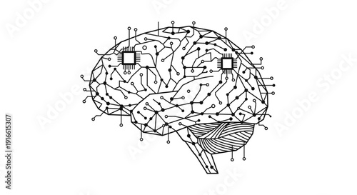 Human Brain as Circuit Board with Microchips Representing Artificial Intelligence on Isolated White Background