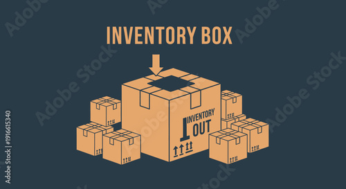 Inventory Box Logistics Management with In and Out Arrows on Dark Blue Background