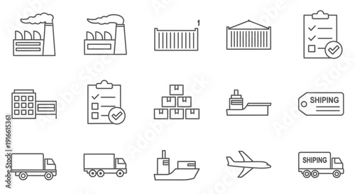 Global Shipping and Logistics Line Icons Set on Isolated White Background, International Delivery and Cargo Transportation Symbols