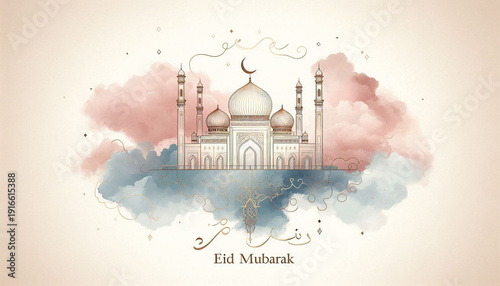 Modern Minimal Mosque Line Drawing with Soft Watercolor Eid Islamic Background