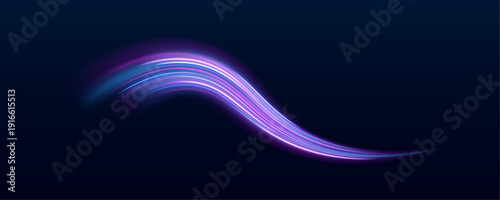 Purple and pink neon ribbons flow in smooth spiral patterns. Spark highlights trace dynamic motion paths. Perfect futuristic glowing vector.

