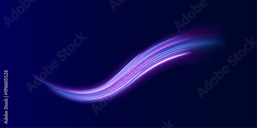 Glowing neon spiral ribbons flow dynamically. Tiny sparkling particles scatter along luminous curves. Perfect futuristic design.
