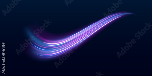 Blue and violet neon ribbons twist with flowing motion. Tiny spark particles emphasize speed and energy. Perfect futuristic glowing vector .
