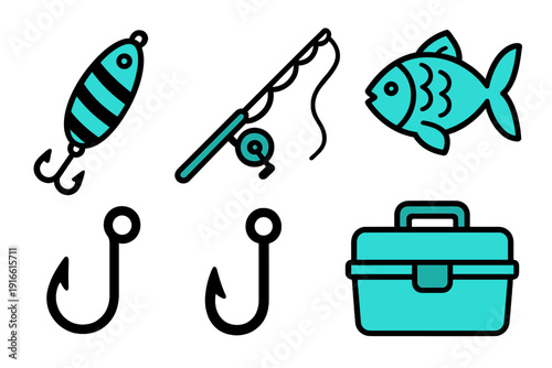 Angling equipment symbols set with fishing rod, lure, hooks, tackle box, and turquoise fish