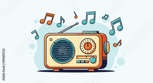 Retro radio illustration with colorful music notes on blue background
