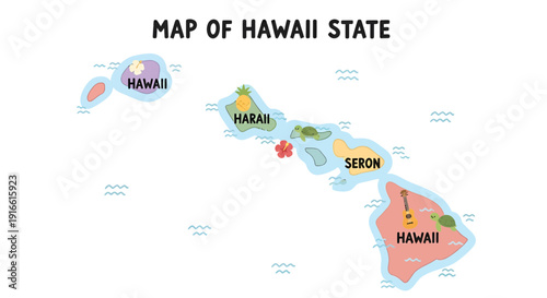 Cartoon-style map illustration of the Hawaii islands showcasing tourist destinations and tropical