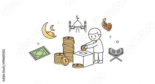 Celebrating generosity during Ramadan: A cheerful donation concept with cultural symbols