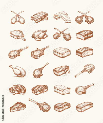 Vintage Meat Cuts Line Art Illustration Set ver2