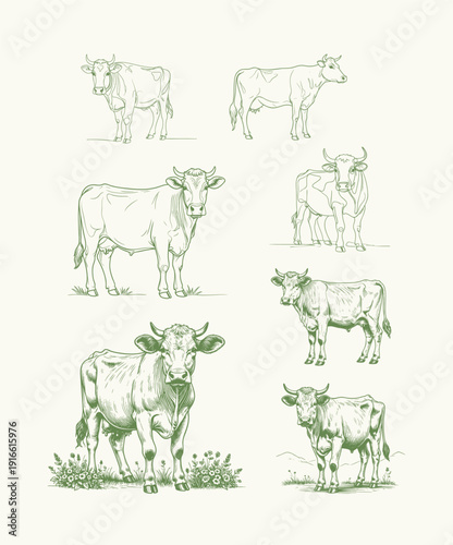 Vintage Cow Line Art Illustration Set