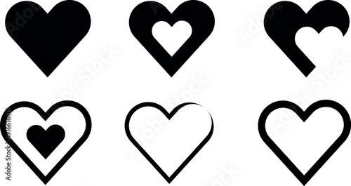 Variations of heart shapes with different outline and fill styles in black and white