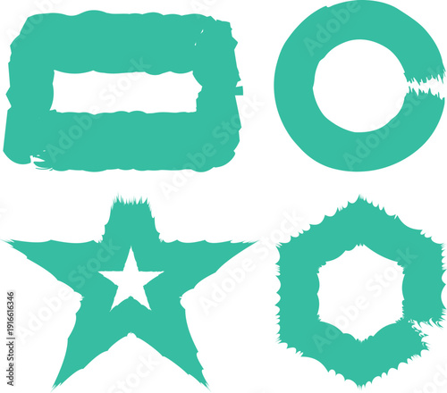 Creative abstract shapes composed of brush stroke lines in turquoise color