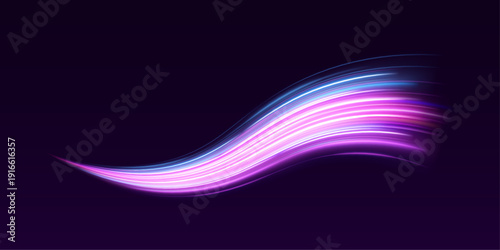 Bright neon wave trails twist rapidly with energy flow. Glimmering particles enhance motion effect. Ideal futuristic vector .