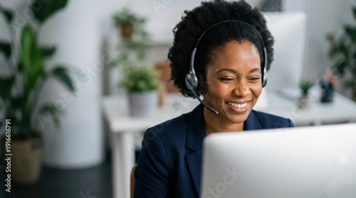 Smiling Professional Woman Wearing Headset While Working at Computer in Bright Modern Office Environment