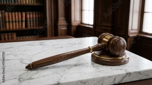 Elegant Wooden Gavel on Marble Table in Historic Courtroom with Bookshelves in Background