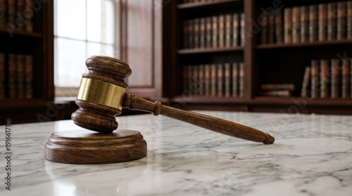 Elegant Wooden Gavel on Marble Surface in Law Office with Bookshelf Background Showcasing Legal Literature