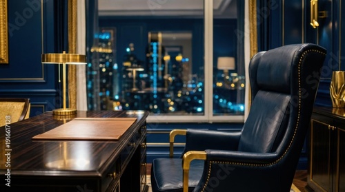 Elegant office interior with leather chair and cityscape view at night illuminating the sophisticated workspace