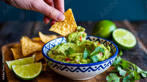 Fresh guacamole dip with tortilla chips and lime on rustic table
