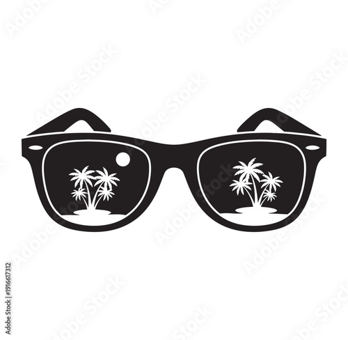 Black sunglasses with tropical island palm trees reflection in lenses