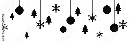 Festive merry christmas greeting card featuring hanging ornaments like baubles snowflakes stars and a christmas tree. Elegant holiday card design featuring red and gold hanging baubles, Vector illustr