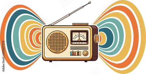 Retro radio illustration with colorful sound waves on textured background
