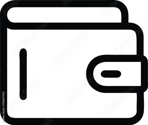 A black and white illustration of a wallet with a visible card slot and strap.