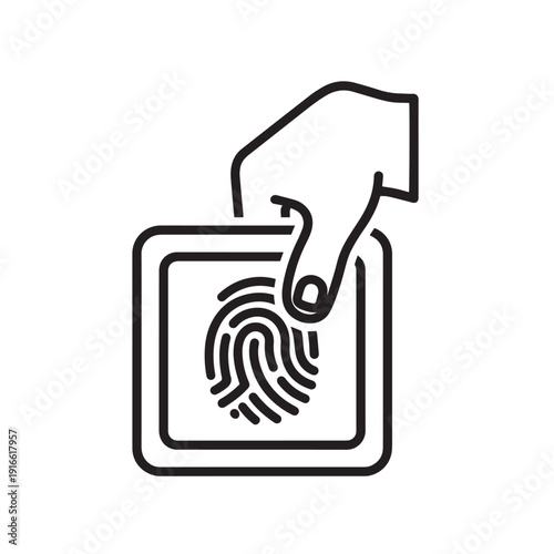 Black and white line art icon depicting a human finger placing a print onto a digital scanning surface for verification
